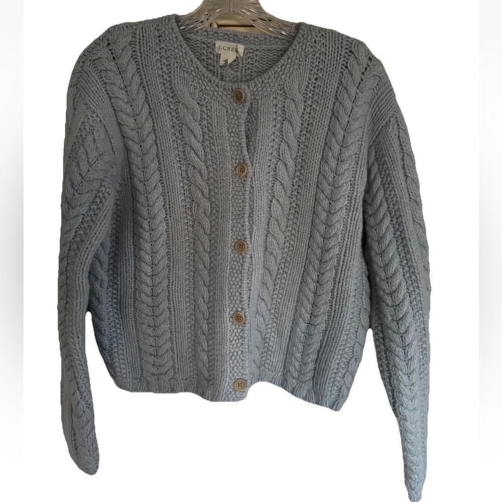 Vintage J.Crew Wool Shetland Chunky Cable Knit Blue Boxy Sweater Cardigan M/L - Picture 4 of 10